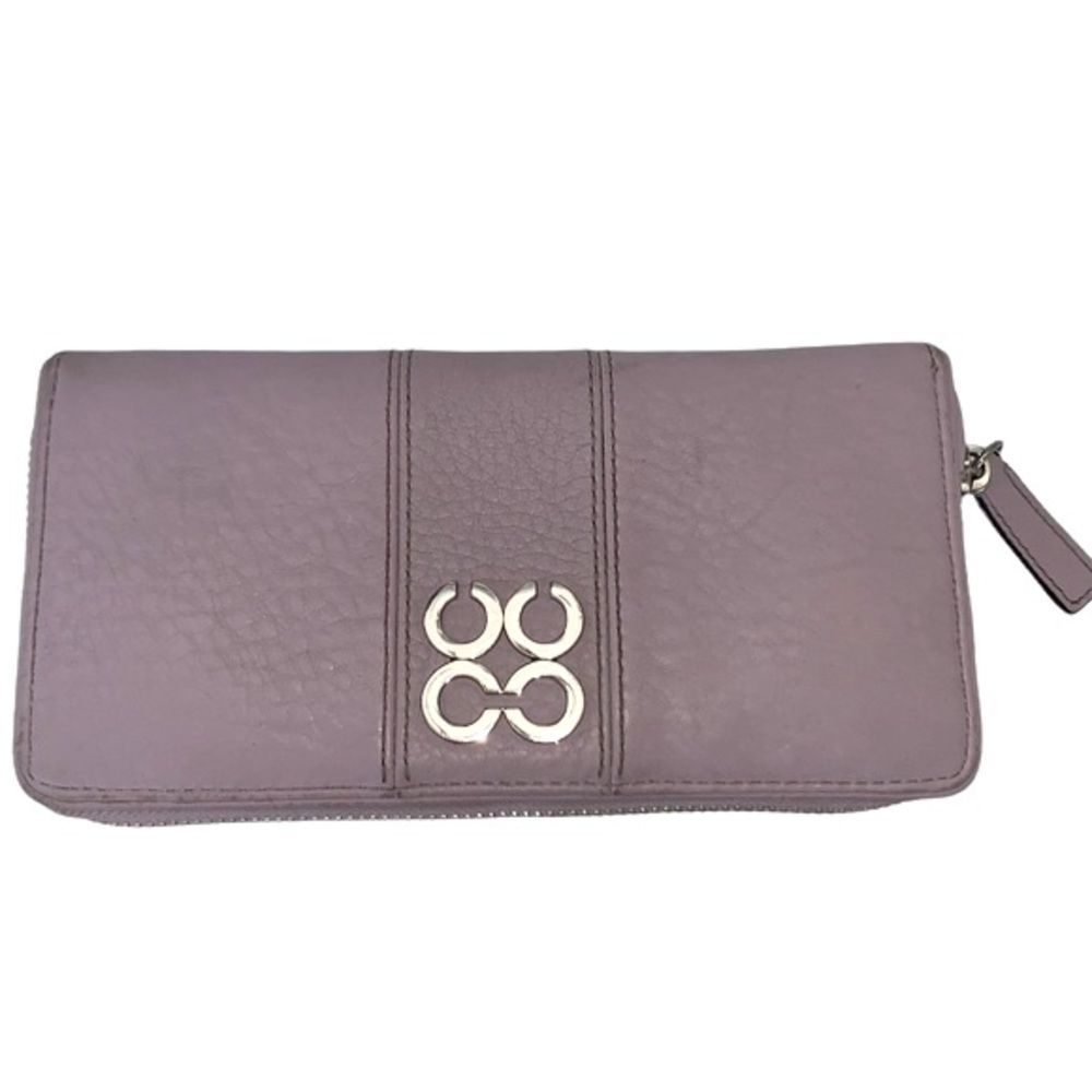 COACH lavender Pebbled leather zip around accordion wallet